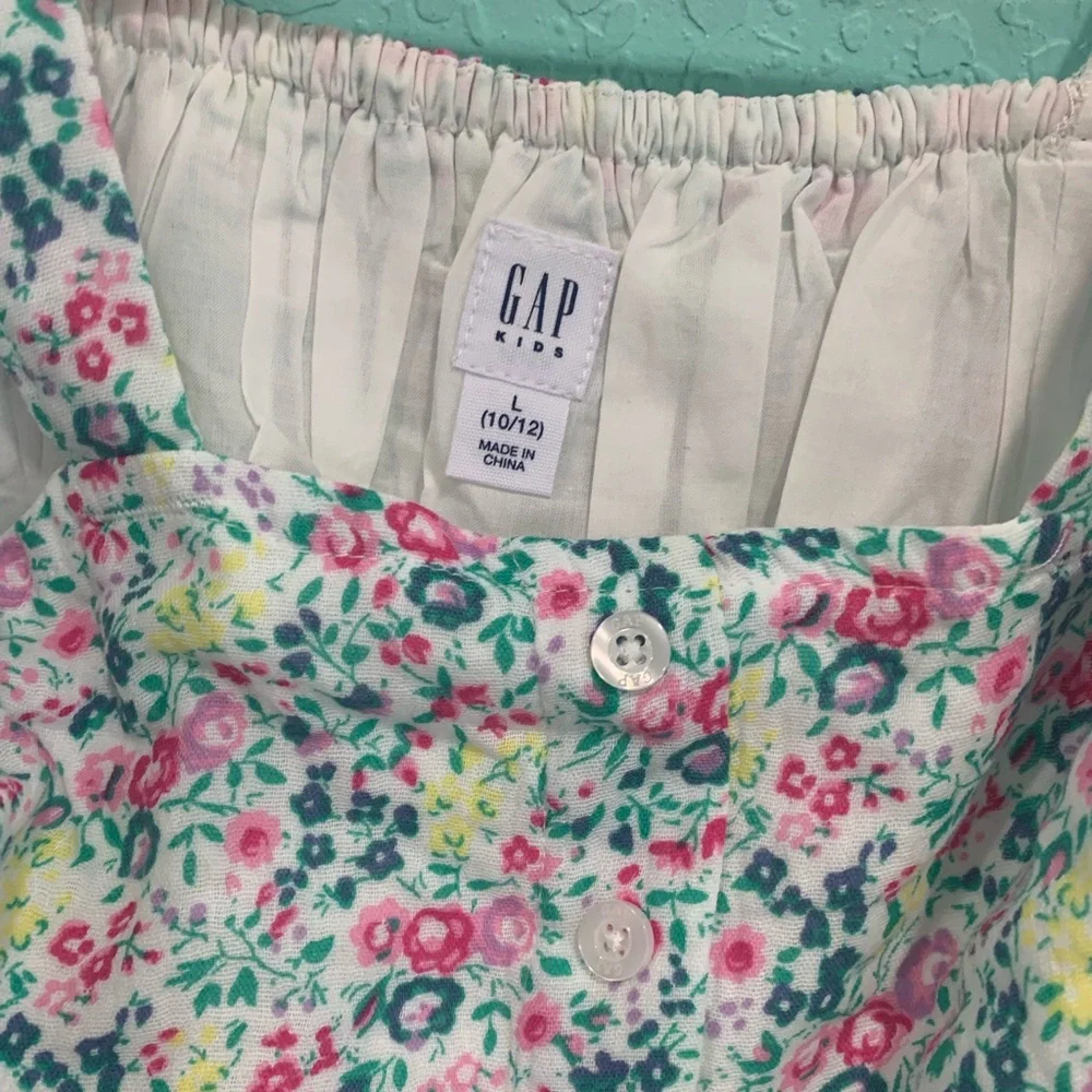 GAP Girls Floral Sundress White Pink Green L 10/12 cottagecore summer wedding
